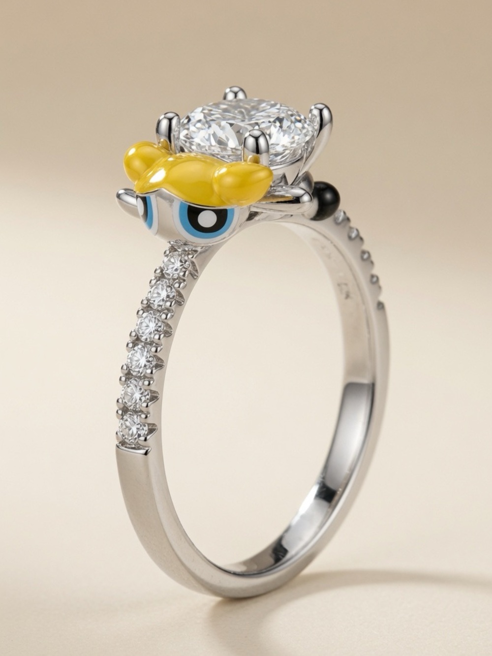 Playful Yellow Enamel Character Solitaire Ring - Women Jewelry